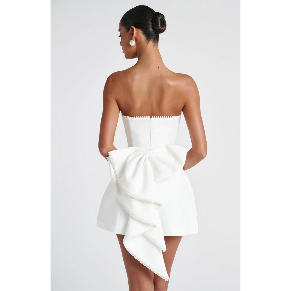 NWT Babyboo Suni Ivory Bow Pearl Trim Strapless Cocktail Mini Dress Women Size M - Picture 9 of 16